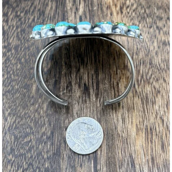 Navajo Handmade Sterling Silver Sonoran Gold Turquoise Mega Cuff Bracelet - Picture 6 of 9